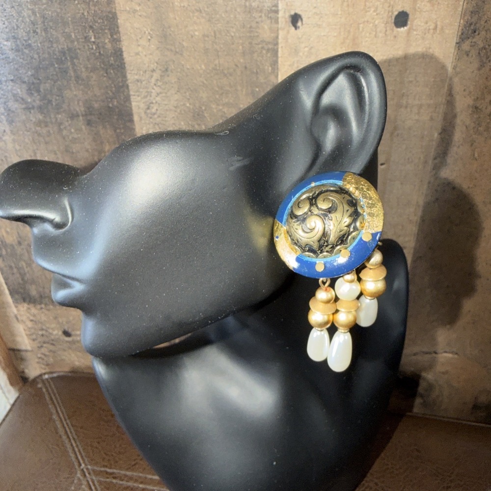 Vintage 80s Runway Dangle Earrings Blue Gold Tone Enamel Faux Pearl Drop Pierced